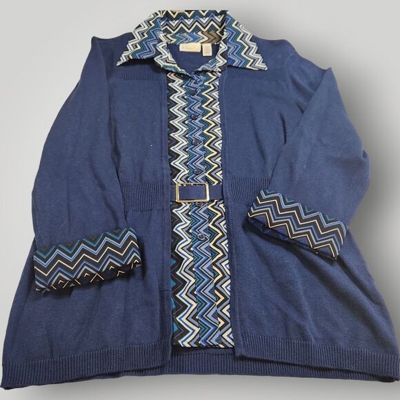 Kim Rogers Women's M Blue 3/4 Sleeve Belted Cardigan Sweater 2-fer Look RETRO - Picture 6 of 11
